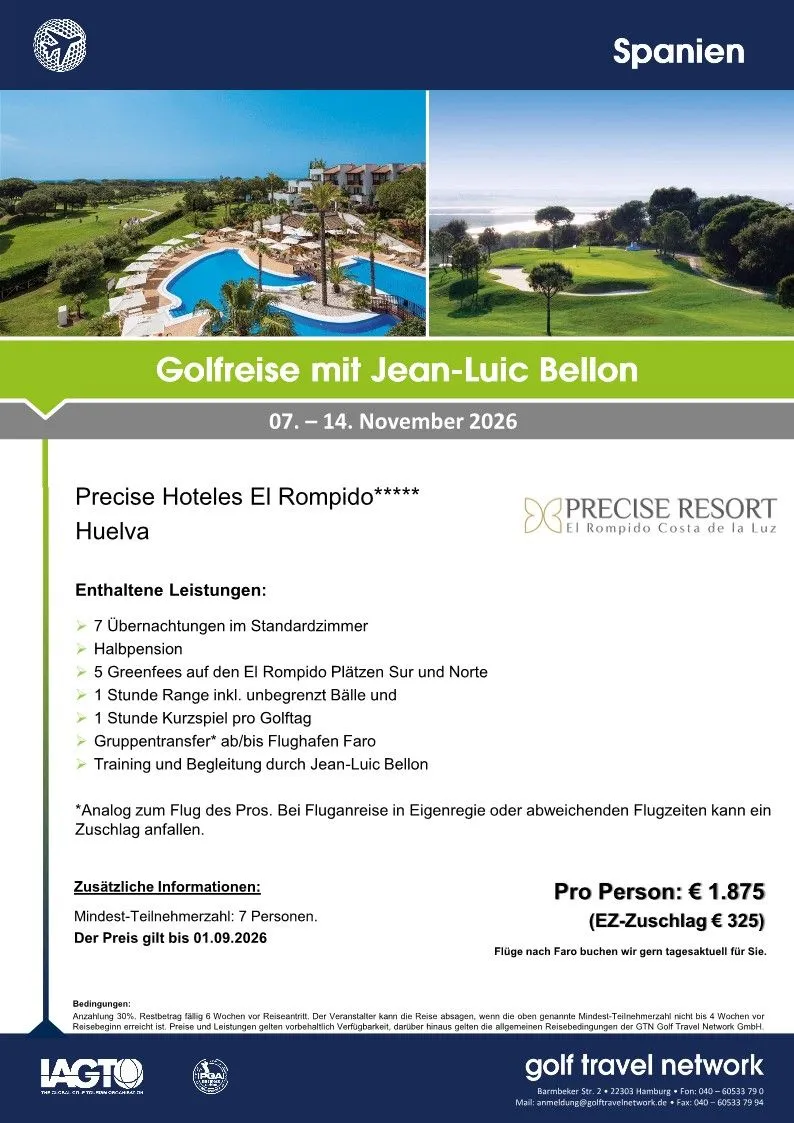 Titelseite der Ausschreibung: Golfreise Spanien, Precise Resort El Rompido, 07.-14.11.2026